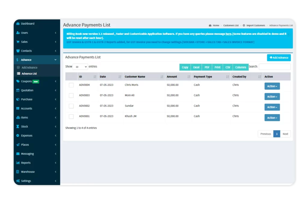 Advance Payment List